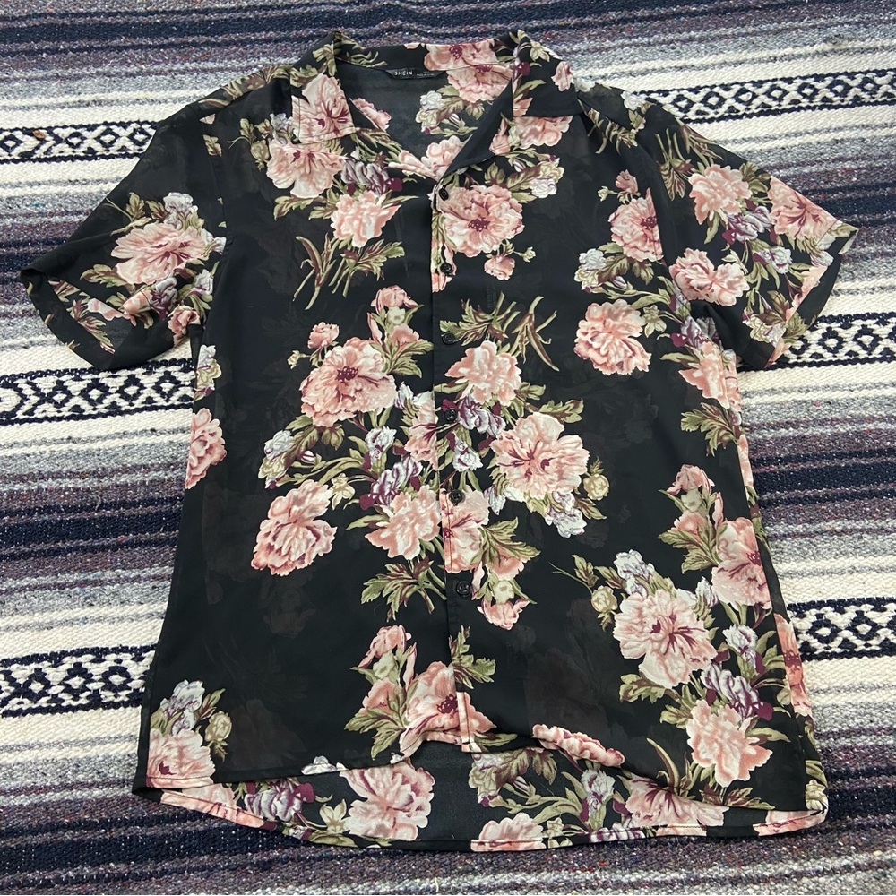 3/$12 Mens SHEIN Sheer Chiffon Black Button Down Shirt Pink Floral Small S